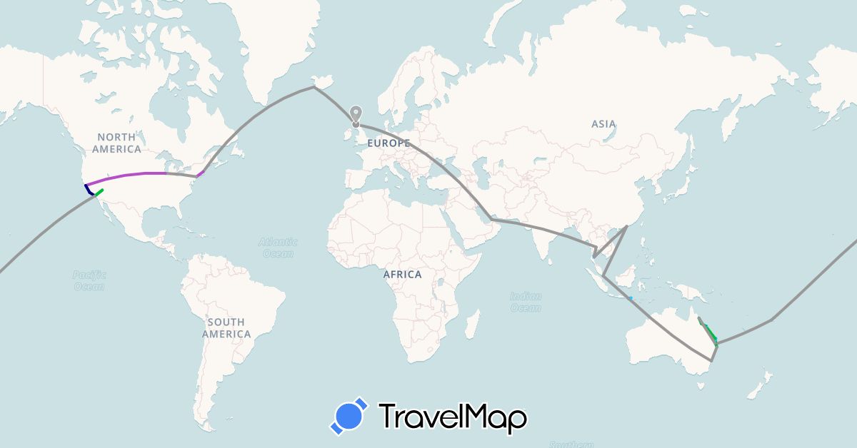 TravelMap itinerary: driving, bus, plane, train, boat in United Arab Emirates, Australia, China, Fiji, United Kingdom, Indonesia, Iceland, Singapore, Thailand, United States (Asia, Europe, North America, Oceania)